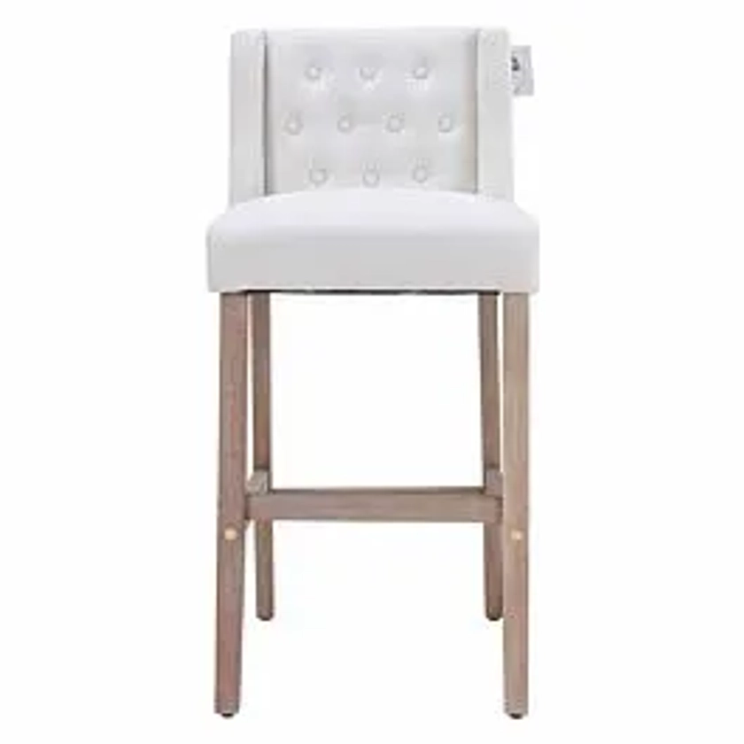 Living and Home Rustic Set Of 2 Bar Stools Linen Tufted With Wood Legs White