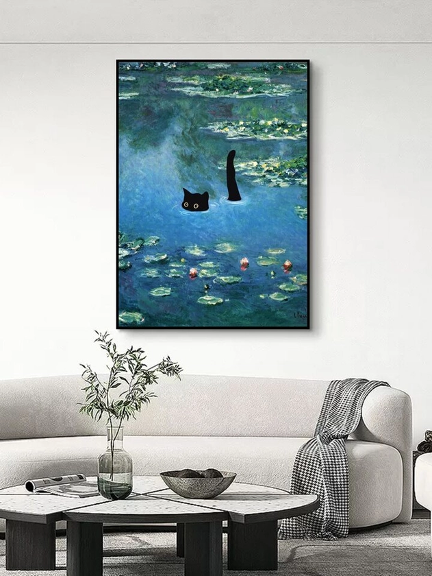 1pc Creative Cat On Water Lily Decorative Painting, Waterproof Oil Canvas Wall Art For Living Room And Bedroom, Frameless