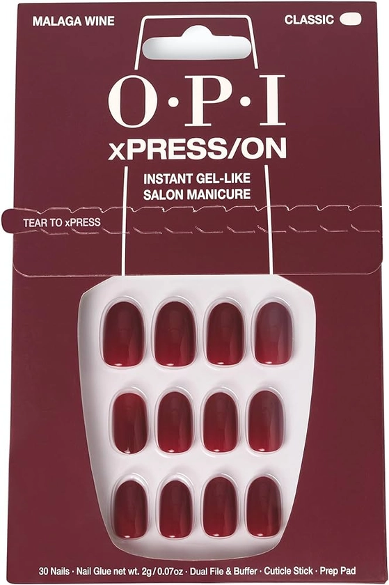 OPI xPRESS/ON Press On Nails, Up to 14 Days of Wear, Gel-Like Salon Manicure, Vegan, Sustainable Packaging, With Nail Glue, Short and Long Iconic Shades, Malaga Wine Red Nail Polish