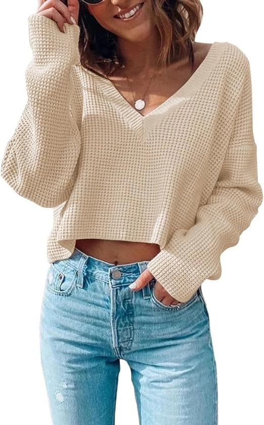 Poetsky Womens V Neck Waffle Knit Cropped Top Long Sleeve Pullover Sweater Casual Crop Shirts