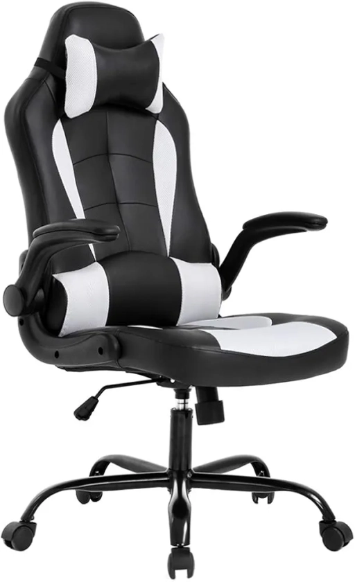 BestOffice PC Gaming Chair Ergonomic Office Chair Desk Chair with Lumbar Support Flip Up Arms Headrest PU Leather Executive High Back Computer Chair for Adults Women Men (White)