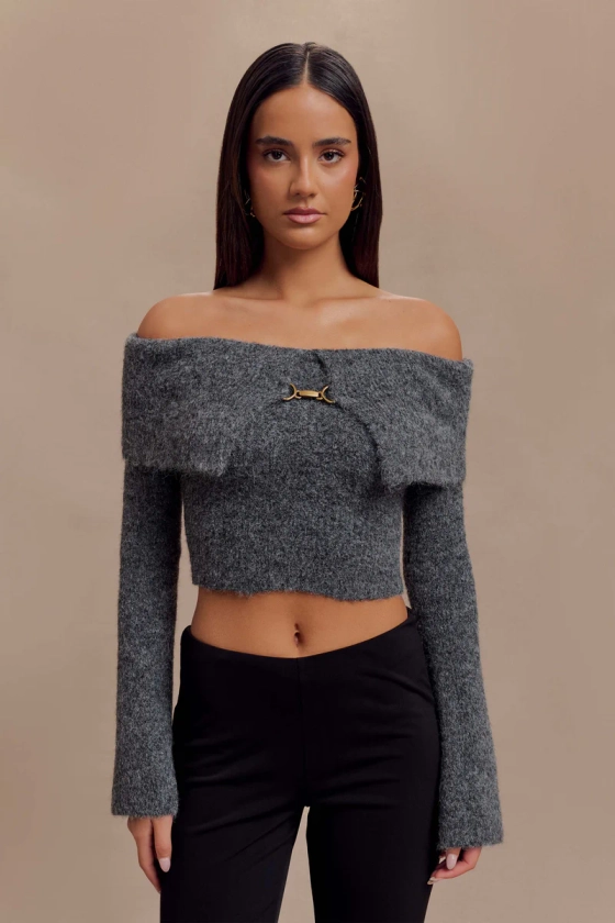 Baxter Off Shoulder Fluffy Knit Top - Charcoal