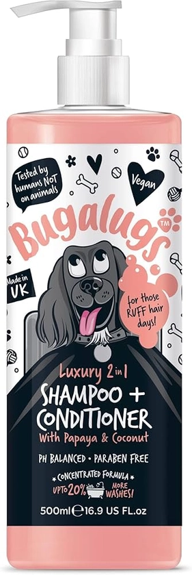 BUGALUGS Dog Shampoo Luxury 2 in 1 Papaya & Coconut dog grooming shampoo products for smelly dogs with fragrance, best puppy shampoo, professional groom Vegan pet shampoo & conditioner