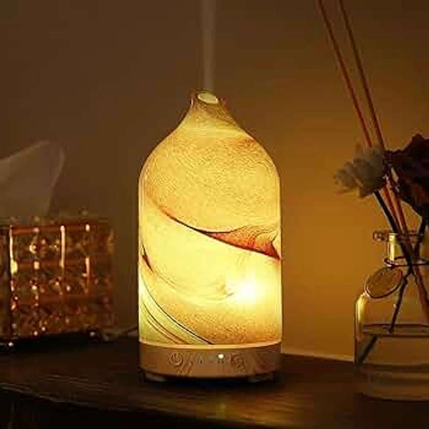 Essential Oil Diffuser Hand Blown Glass Aromatherapy Diffuser - Ultrasonic Cool Mist Scent Aroma Diffuser, Whisper Quiet with Auto Shut-Off, Timer Setting &7 Colors Night Light for Home