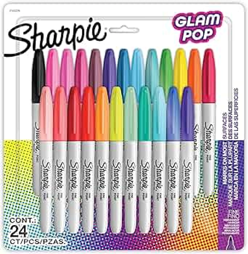 Sharpie Glam Pop Permanent Markers, Fine Tip Marker Set, Coloring Markers, Art Markers, Drawing Markers, Writing Markers, Assorted Colors 24 Count