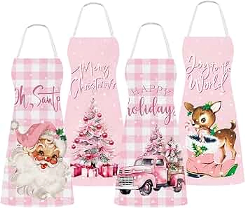 Whaline 4Pcs Christmas Aprons Pink Xmas Tree Santa Deer Buffalo Plaid Adjustable Kitchen Cooking Aprons for Christmas Holiday Home Party Supplies