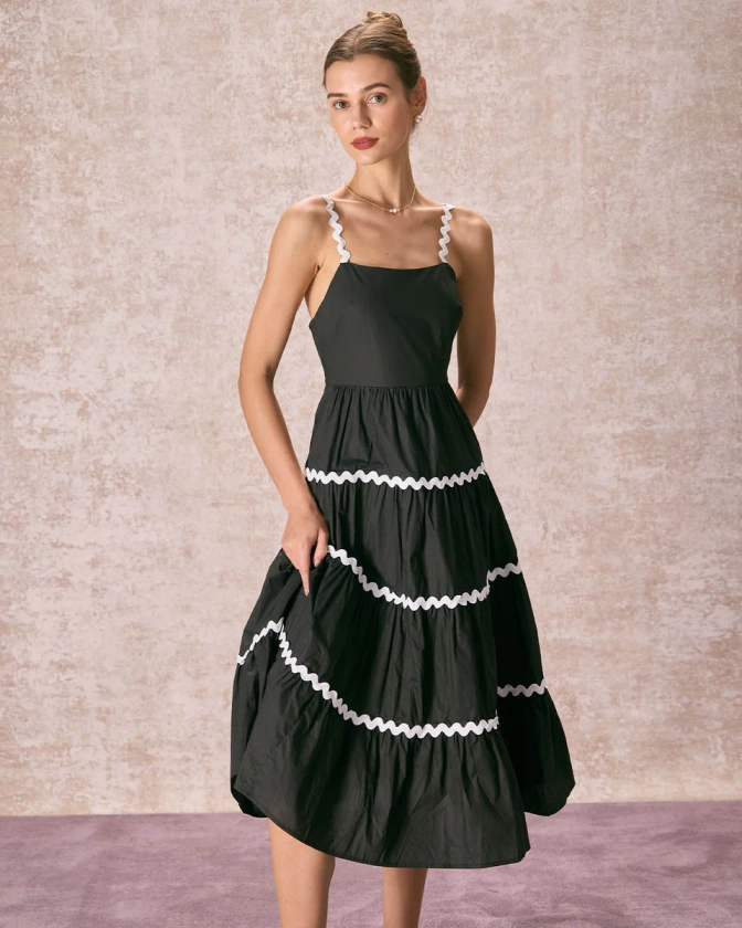 The Black Contrast Wave Cut Strap Midi Dress & Reviews - Black - Dresses | RIHOAS