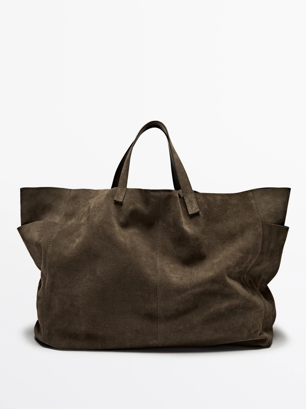 Sac maxi en cuir et croûte de cuir · Vert, Marron · Accessoires | Massimo Dutti