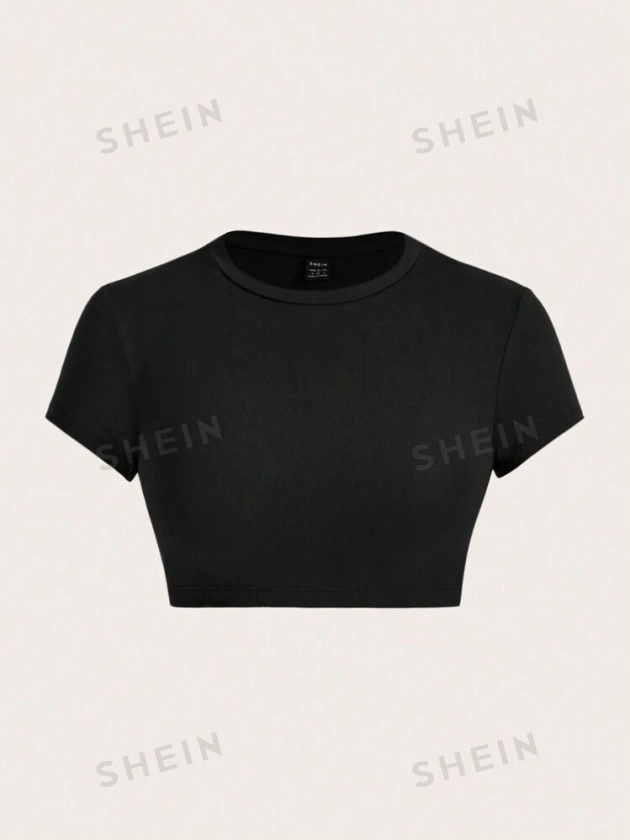 SHEIN ICON Casual Minimalist Solid Color Round Neck Short Sleeve Cropped Fitted T-Shirt For Women, Summer