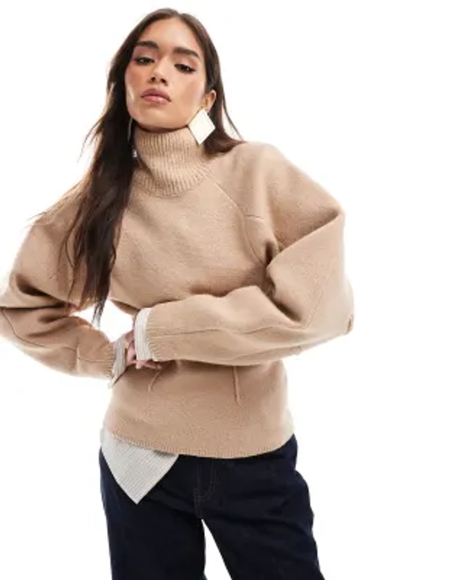 ASOS DESIGN - Pull à manches structurées et col cheminée - Fauve | ASOS