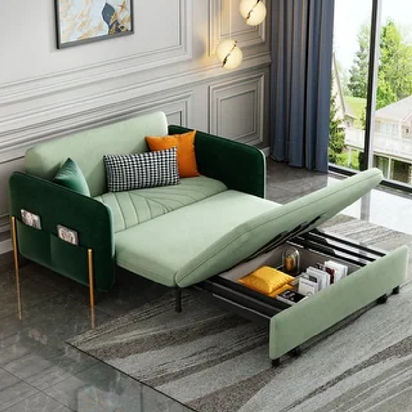 53.5" Full Sleeper Sofa Green Upholstered Convertible Sofa Bed 3 in 1 Sleeper Sofa Couch Bed, Small Tufted Velvet