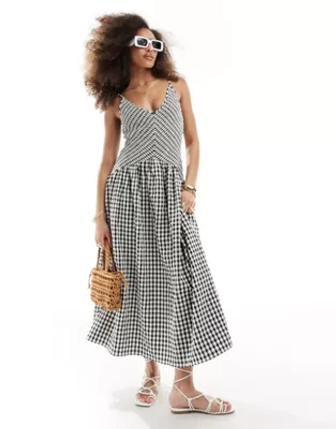 ASOS DESIGN full skirt midi crinkle sundress in mono gingham check | ASOS