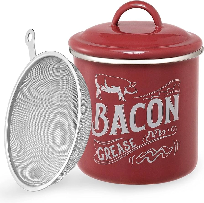 1.3L Bacon Grease Saver Container with Fine Strainer - Red Enamel & Stainless Steel Oil Keeper Can for Bacon Fat Dripping - Farmhouse Kitchen Gift & Decor Cooking Accessories - Dishwasher Safe