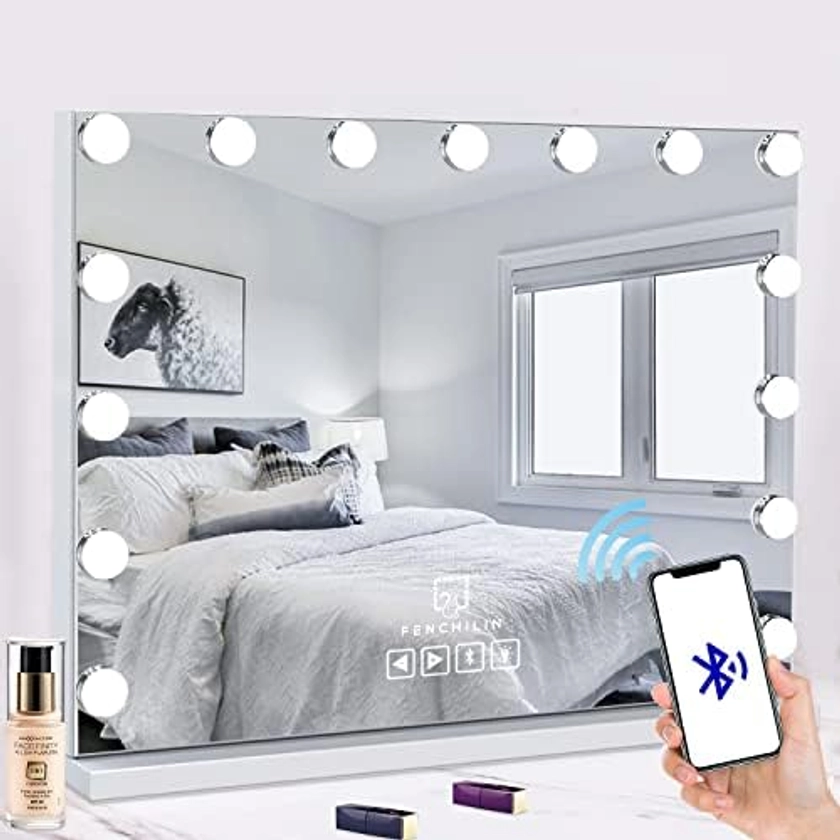 FENCHILIN Miroir Maquillage avec 15 Ampoules LED Haut-Parleur Bluetooth Miroir Coiffeuse Lumineux avec Port USB Grand Miroir Maquilleur Lumineux avec 3 Modes Déclairage Miroir Hollywood Coiffeuse : Amazon.com.be: Cuisine et maison