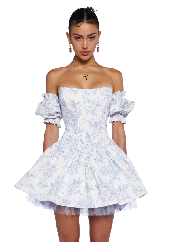 Sugar Thrillz Floral Print Corset Mini Dress With Tulle Hem Regencycore - Blue
