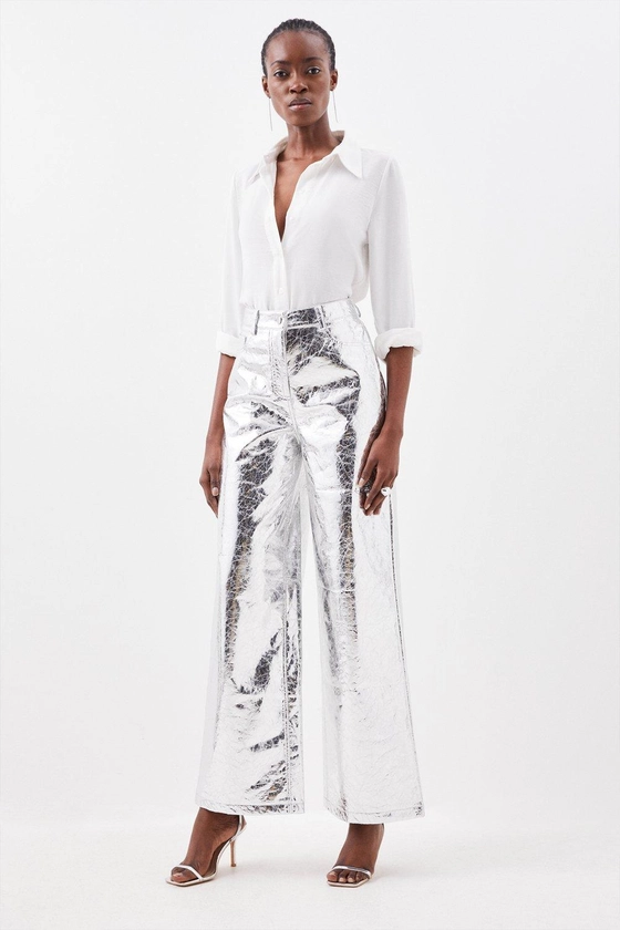 Metallic Faux Leather Wide Leg Trousers | Karen Millen