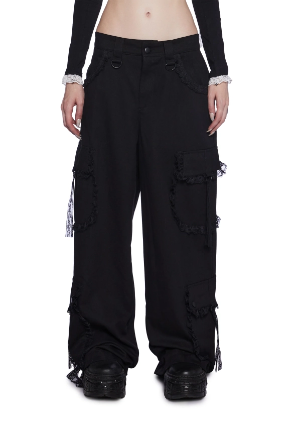 Widow Goth Cirque Noir Twill Ruffled Lace Cargo Pants - Black