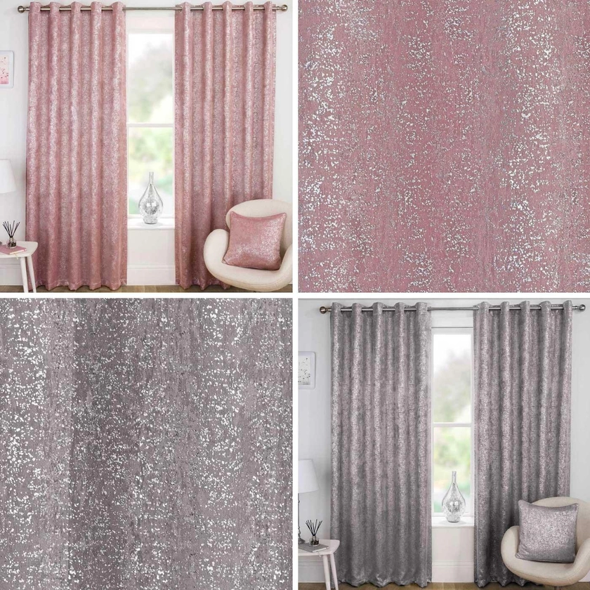 Pink Grey Eyelet Curtains Metallic Sparkle Thermal Block-Out Ready Made Curtains