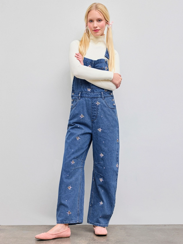 Denim Denim Bear Embroidery Buckle Up Pocket Barrel-leg Jumpsuit For School Daily Casual