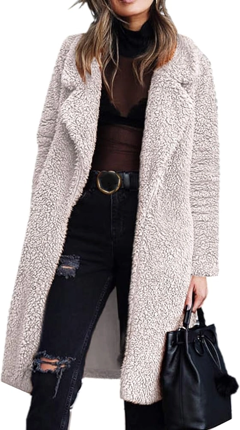 Angashion Women's Fuzzy Fleece Lapel Open Front Long Cardigan Coat Faux Fur Warm Winter Outwear Jackets Light Beige M at Amazon Women's Coats Shop