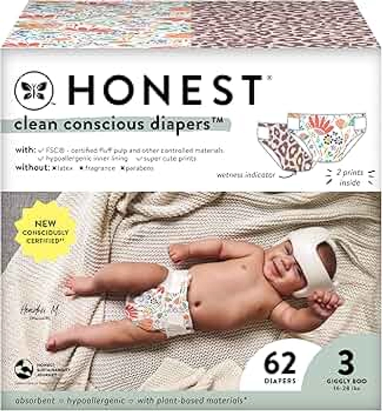 The Honest Company Clean Conscious Diapers | Plant-Based, Sustainable | Wild Thang + Flower Power | Club Box, Size 3 (16-28 lbs), 62 Count