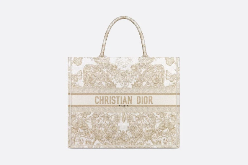 Large Dior Book Tote • Gold-Tone and White Butterfly Around The World Embroidery (42 x 35 x 18.5 cm)