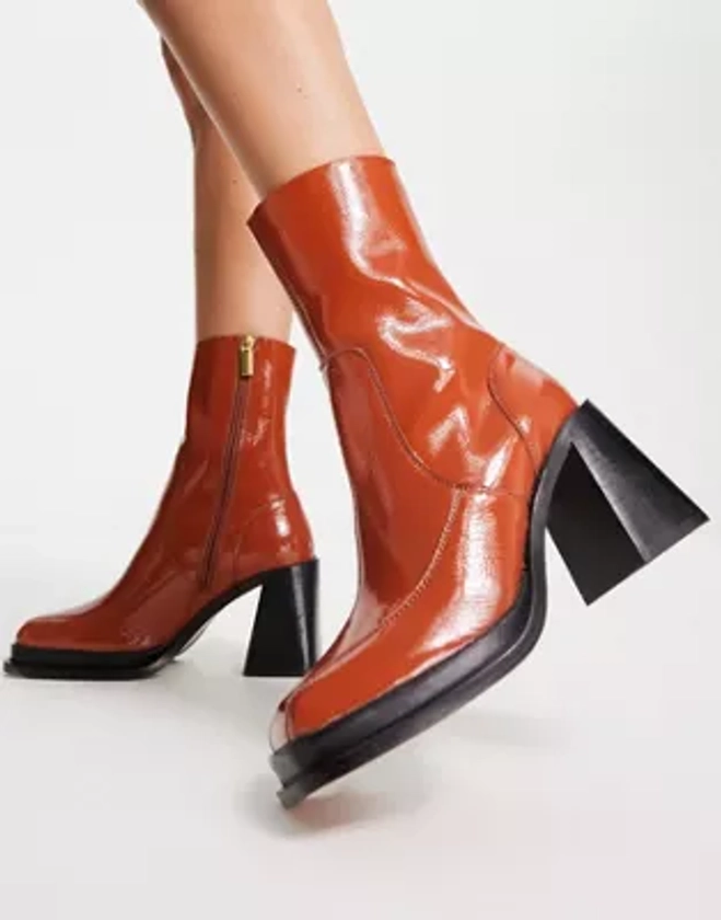 ASOS DESIGN - Restore - Bottines en cuir à talon mi-haut - Fauve verni