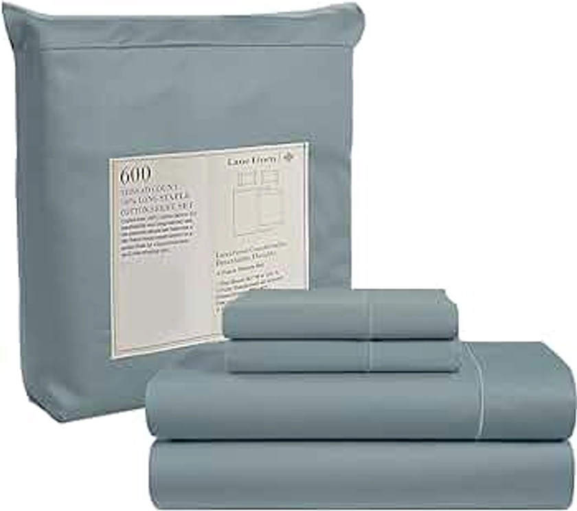 Lane Linen Full Size Sheets Set - 600 TC Full Bed Sheets Set - 100% Cotton Sheets Full Size - Ultra Soft Full Sheet Set - Sateen Weave Bedding Sheets & Pillowcases Sets - Luxury Full Sheets Set - Blue