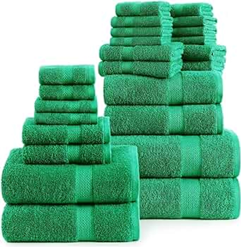 LANE LINEN 100% Cotton Bath Towel Sets for Bathroom 24 piece - Travel Towel, 8 Face Wash Clothes, 4 Fingertip Towels for Bathroom, 4 Oversized Bath Towels, 6 Bath Hand Towels, 2 Bath Sheets - Emerald