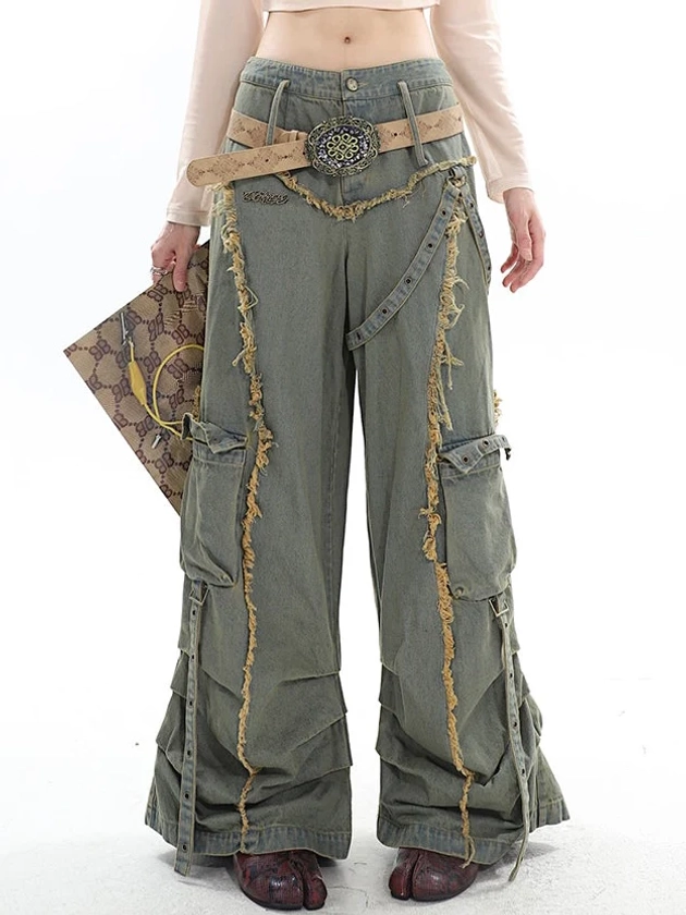 Lessi Denim Green Vintage Distressed Large Multi-Pockets Patchwork Pleated Straight Leg Cargo Jeans Pants