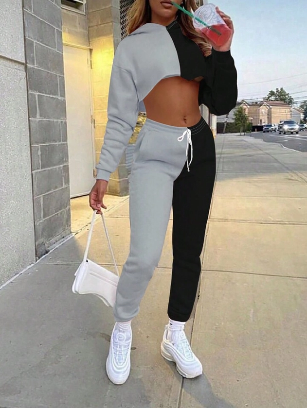Womens' Colorblock Hoodie With Cropped Top And Pants Set