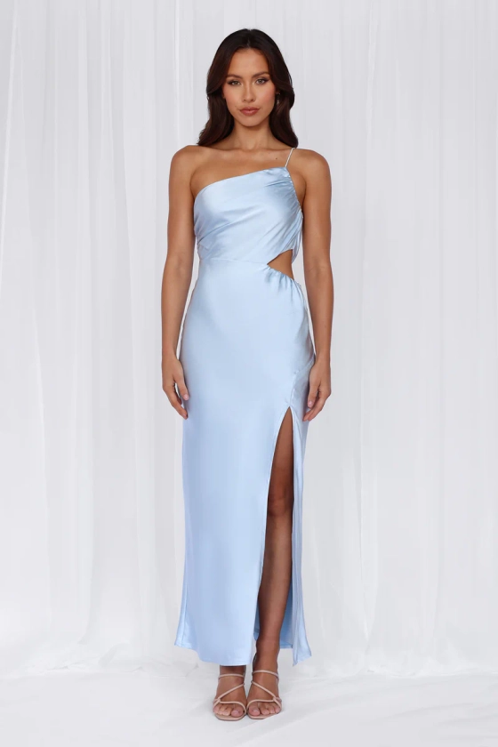 HELLO MOLLY The Opal One Shoulder Satin Maxi Dress Blue