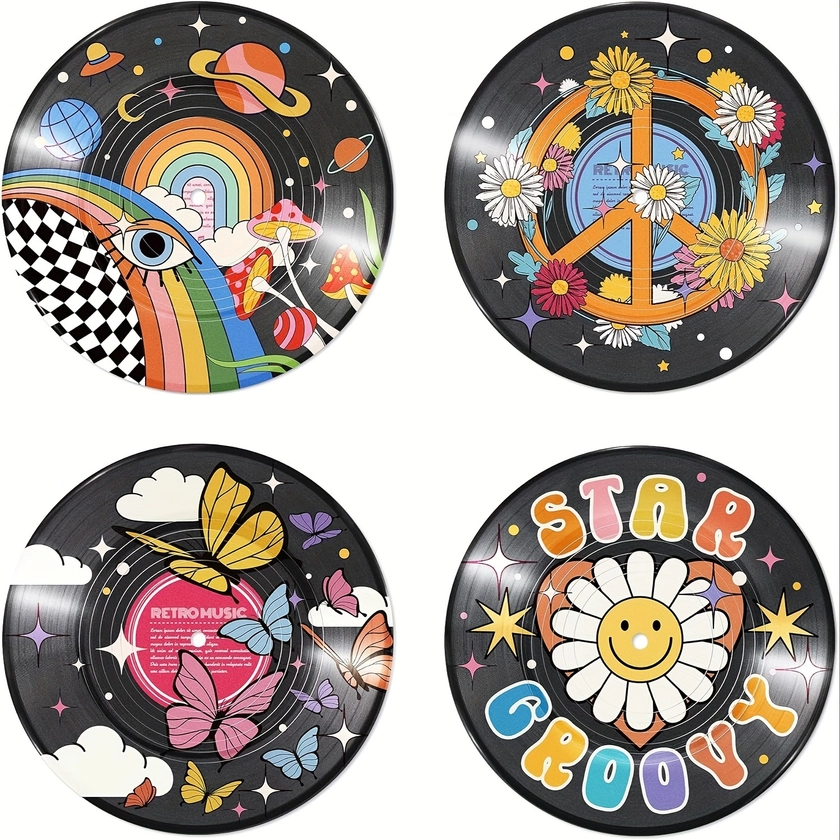 Putuo Decor Vintage Decor Records for Wall Aesthetic, Set of 4 Hippie Vinyl Indie Record Wall Decor for Dorm, Teen Room Decor Aesthetic Hippie Room De