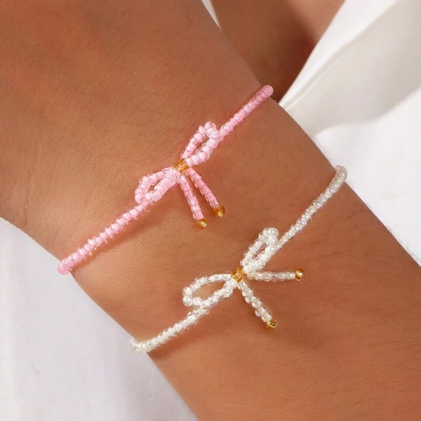 Light Luxury And Cute Style Milk Yellow FGB Bead Woven Bow Bracelet Jewelry, Suitable For Daily Wear And Gifts | SHEIN USA