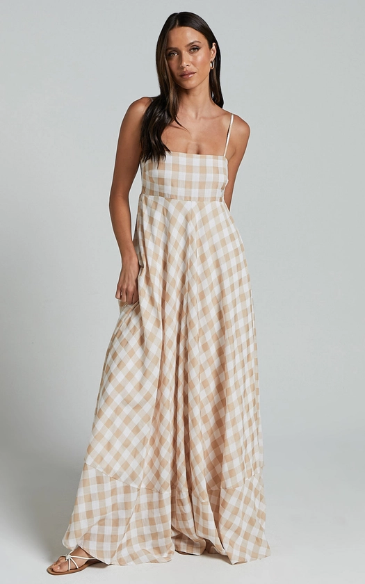 Katrien Maxi Dress - Strappy Empire Waist Flare Dress in Beige and White Check