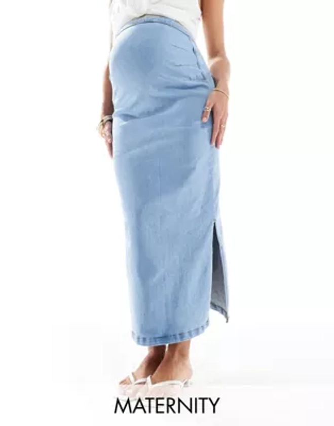 Mamalicious Maternity over the bump denim skirt with side splits in mid wash blue