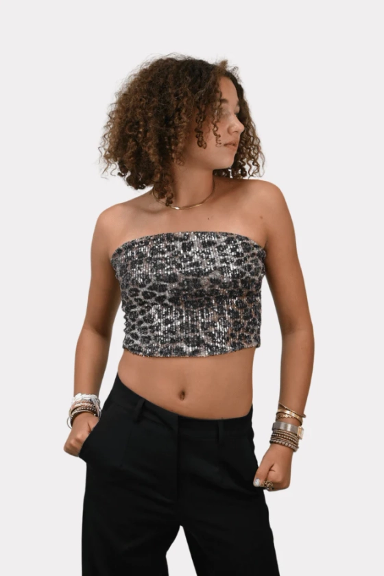 Leopard tube top - pailletten - Fashiontiger.nl