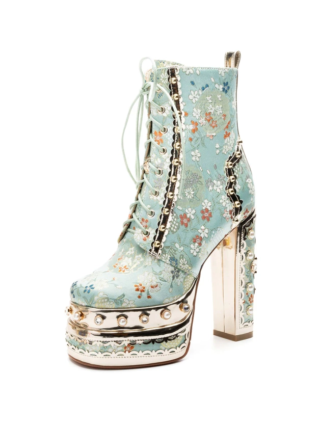 15CM Luxury Embroidered Chunky High Heel Platform Bootie Vintage Shoes