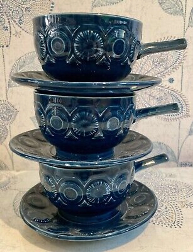 Set of 3 Vintage Tams England Blue Handled Soup Bowls & Saucers - VGC | eBay