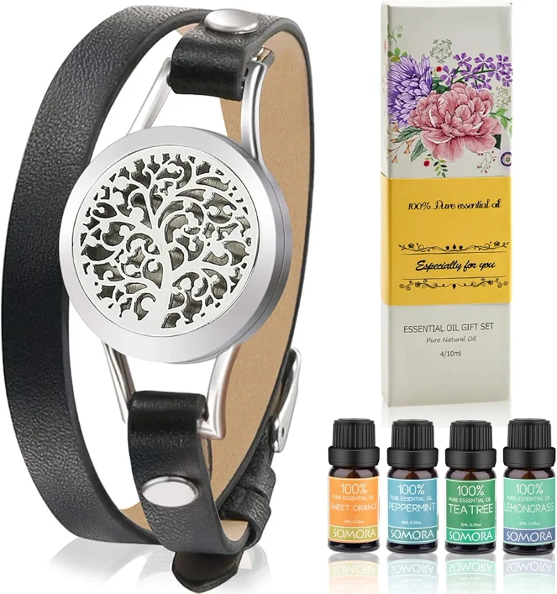 SOMORA Aromatherapy Essential Oil Diffuser Bracelet Gift Set w/Tea Tree, Lemongrass, Orange and Peppermint, Unique Gifts for Women, Birthday Gifts Ideas for Mom, Best Friend, Sister, Wife