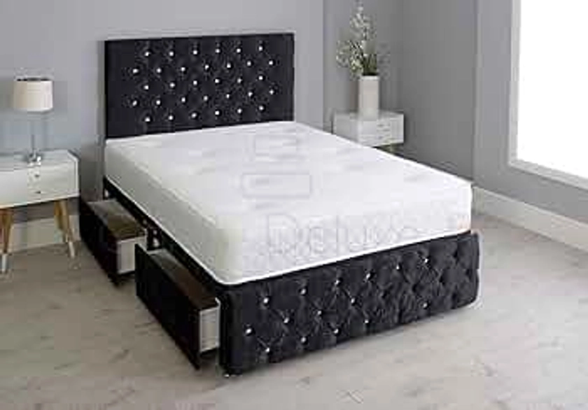 Crushed Velvet Chesterfield Divan Bed with Matching Footboard and Memory Foam Spring Mattress (Black, 2FT6-0 Drawers)