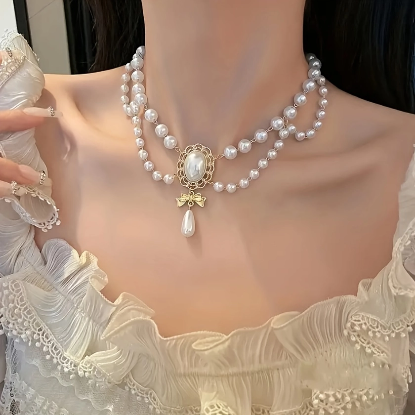 Precioso Estilo Elegante Simple Bowknot Colgante Collar De Perlas Artificiales Joyería De Mujer