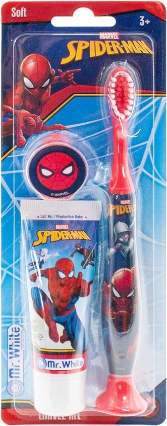 Spider-Man Oral Care Travel Kit Contains Strawberry Flavour Toothpaste and Toothbrush with Protection Cap, Suction Cup, Comfortable Handle and Soft Bristles for Kids