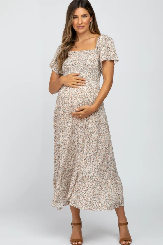 Ivory Floral Smocked Maternity Maxi Dress
