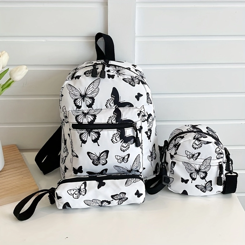 3 Pcs Butterfly/ Leopard Pattern Bag Set, Trendy All Over Patttern Backpack &amp; Small Crossbody Bag And Pencil Pouch For Students