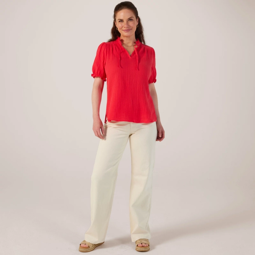Denim & Co. Blouse with Puff Sleeve and Collar Details - QVC UK