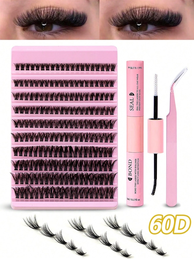 DIY Eyelash Extension Kit 200pcs Individual Lashes Cluster D Curl, 8-16mm Mix Lash Clusters With Lash Bond And Seal And Lash Applicator Tool For Self Application At Home (60D-0.07D-8-16MIX KIT)