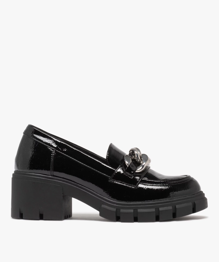 Mocassins chunky vernis à talon et semelle crantée femme noir | GEMO