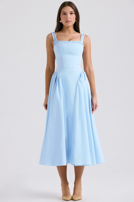 Clothing : Midi Dresses : 'Dorothy' Italian Azure Cotton Midi Sundress