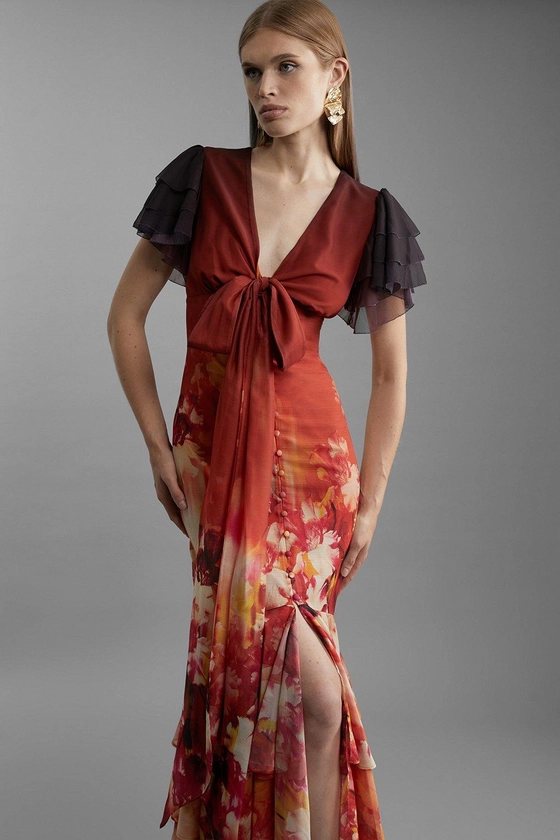 Ombre Floral Ruffle Sleeve Button Through Maxi Dress